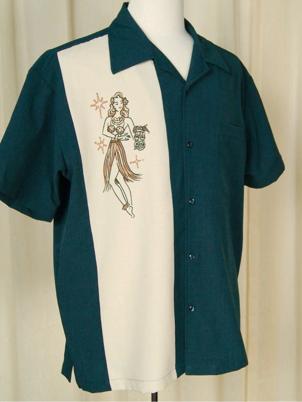 Men's 50s style bowling Shirt with Hula Graphic
